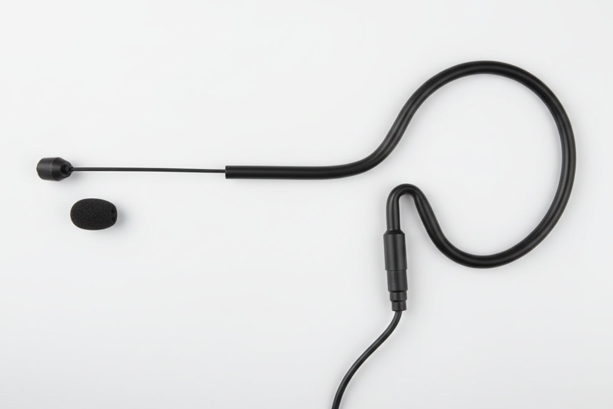 An omni earset microphone with a boom arm, microphone tip, and foam windscreen.