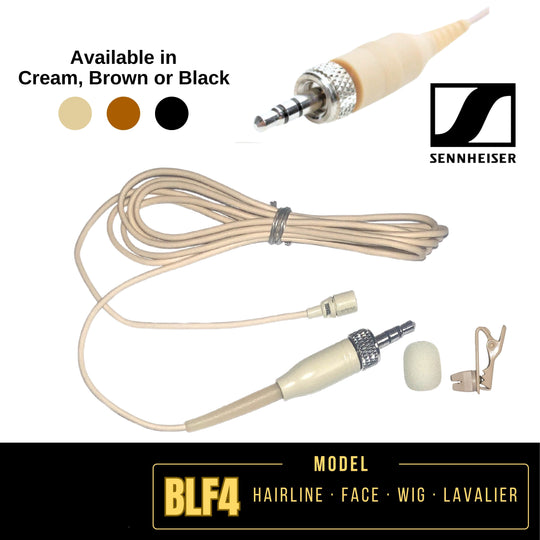 An image showing a Sennheiser omni hairline/lavalier microphone in black, with cable management and a pop filter. The microphone is available in cream, brown, or black color options.