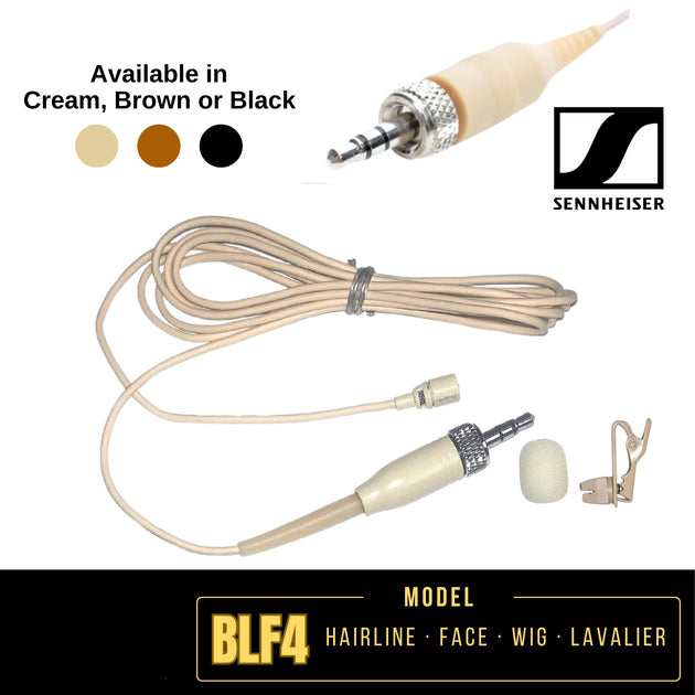 An image showing a Sennheiser omni hairline/lavalier microphone in black, with cable management and a pop filter. The microphone is available in cream, brown, or black color options.