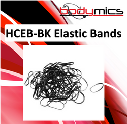 c. HCEB-xx 100 or 500 pack of black or clear elastic bands for HCC hair clips to hold hairline mics in place